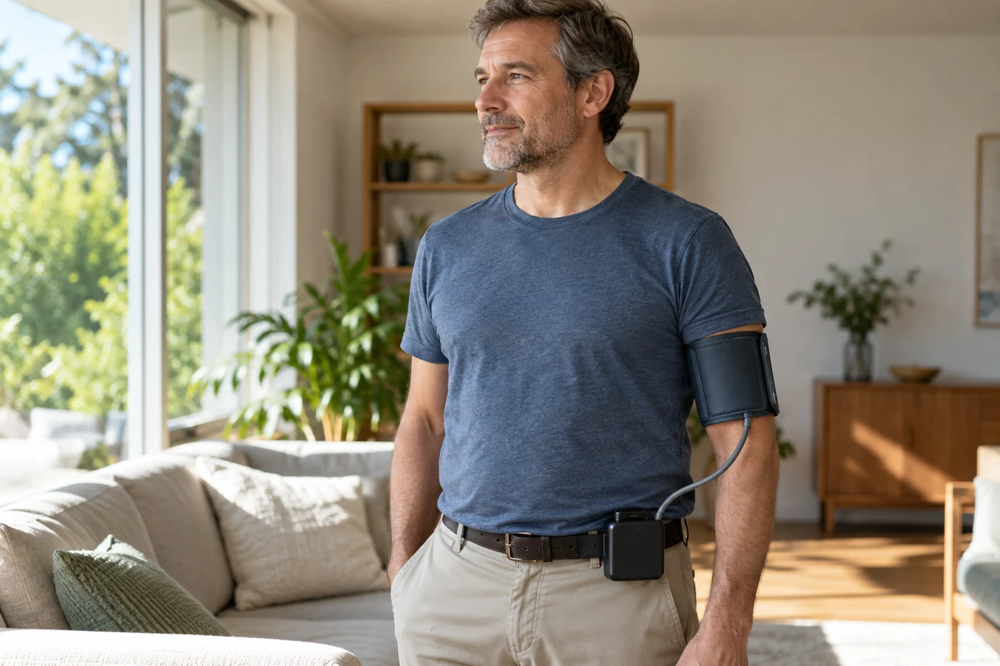 Adult man wearing ambulatory blood pressure upper arm cuff connected to compact belt monitor, standing at home, clothes modest, window light. Illustrative editorial photograph.