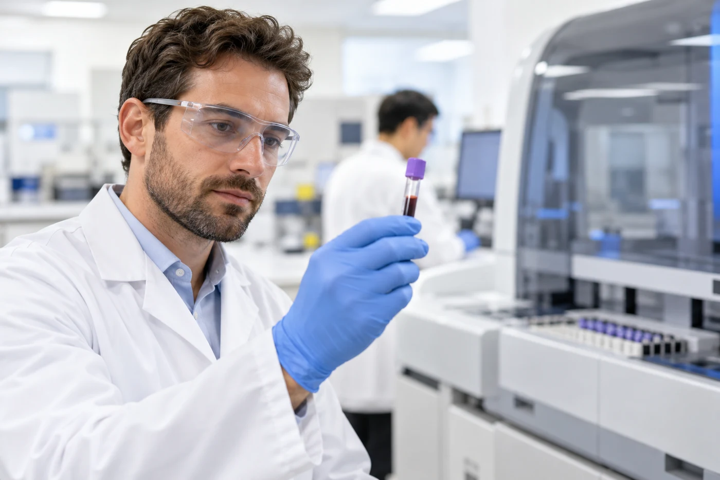 Laboratory scientist holding a sealed specimen tube with blurred analyser behind, different male scientist, bright white lab. Illustrative editorial photograph.