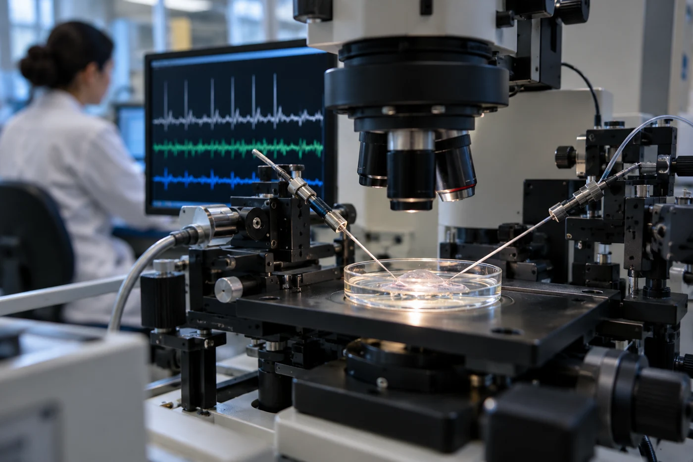 close-up scientific laboratory electrophysiology equipment and microscope no text. Illustrative editorial photograph.