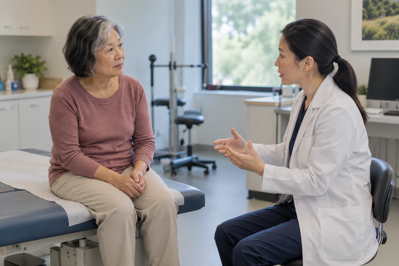 An older Asian woman seated on examination couch with clinician discussing positional dizziness, calm vestibular clinic. Illustrative editorial photograph.