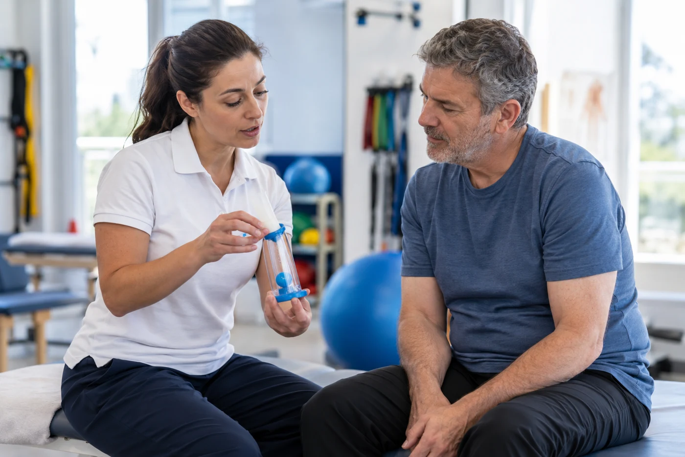 Airway-clearance physiotherapist explaining handheld unbranded breathing device to adult patient, modern rehabilitation room, no tube in mouth. Illustrative editorial photograph.