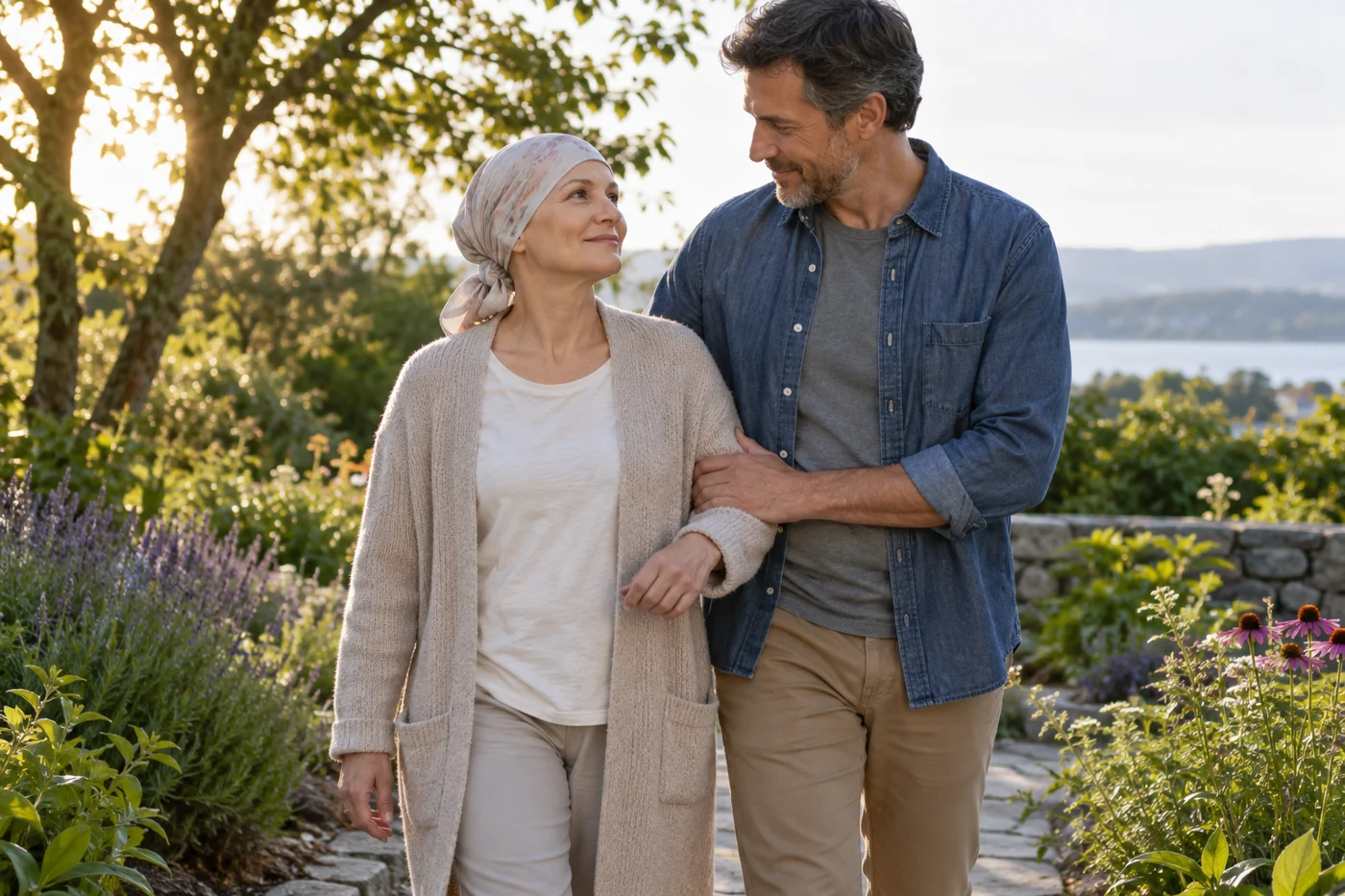 adult cancer patient walking slowly with companion in garden, no medical claims. Illustrative editorial photograph.
