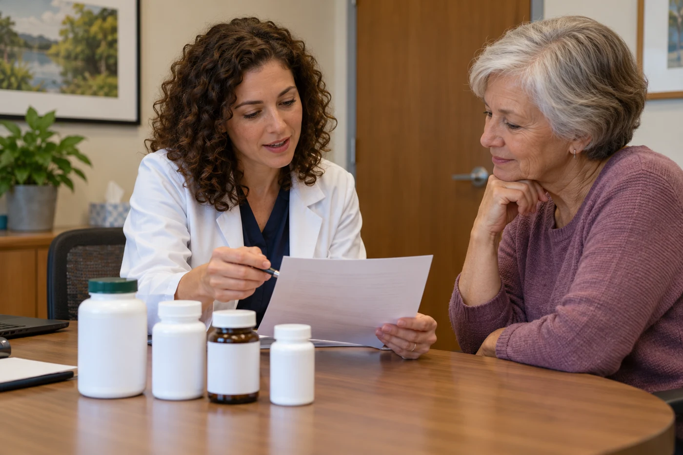Illustrative consultation between a pharmacist and an older adult reviewing supplement information.