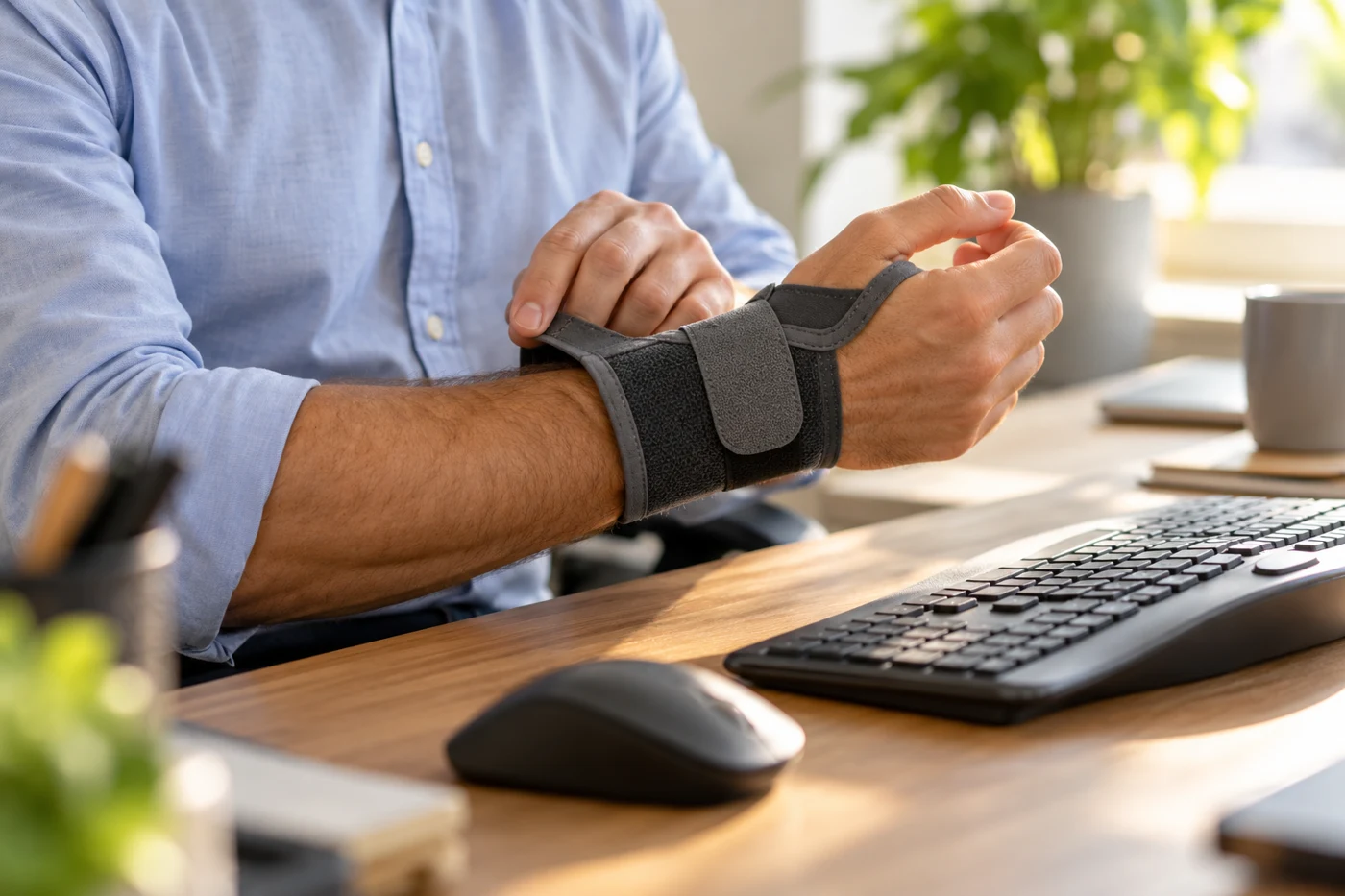 Close-up hands of male office worker adjusting a neutral wrist support beside ergonomic keyboard, warm desk daylight. Illustrative editorial photograph.