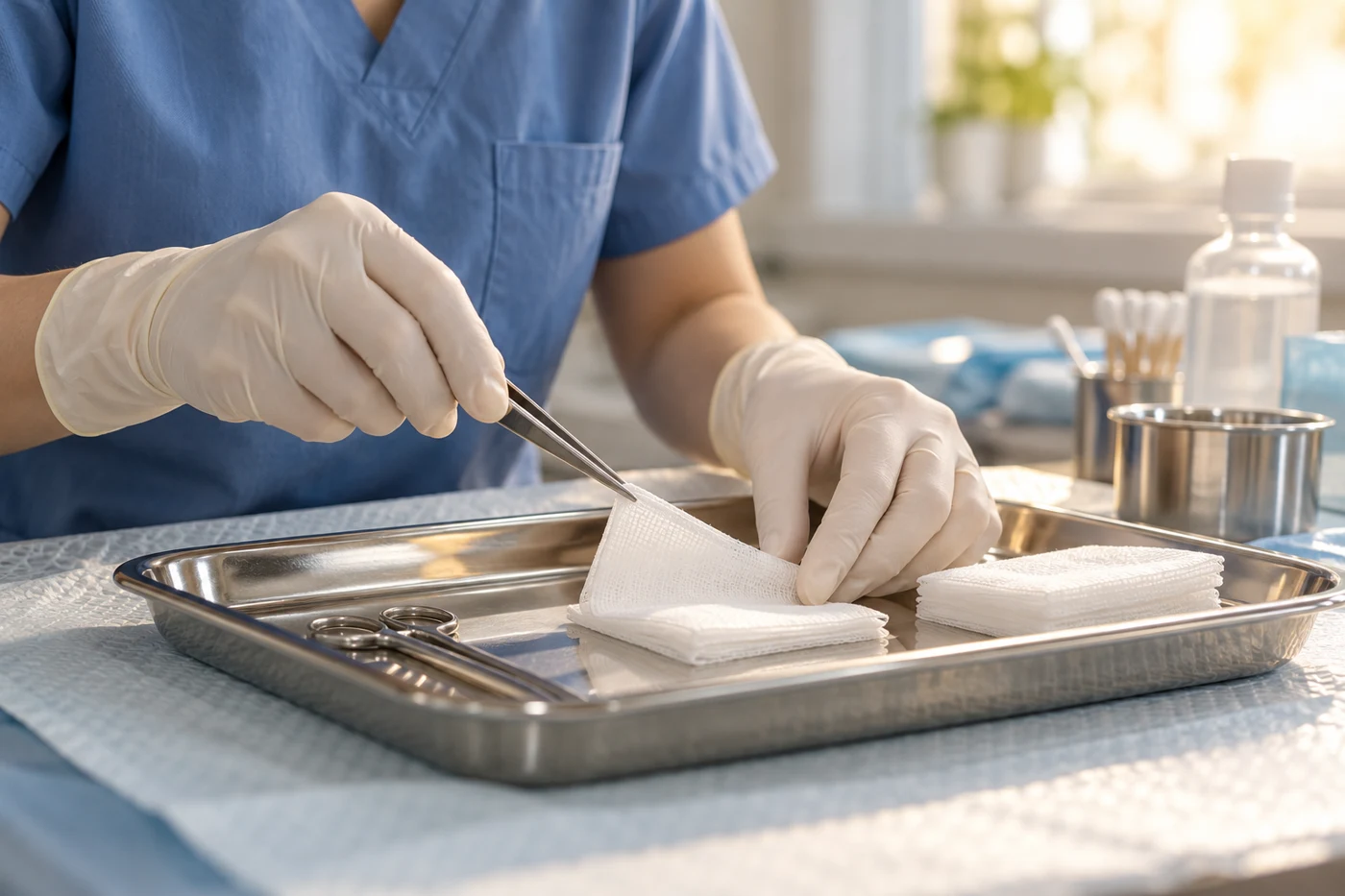 Illustrative photograph of sterile dressing materials prepared on a clinical tray.