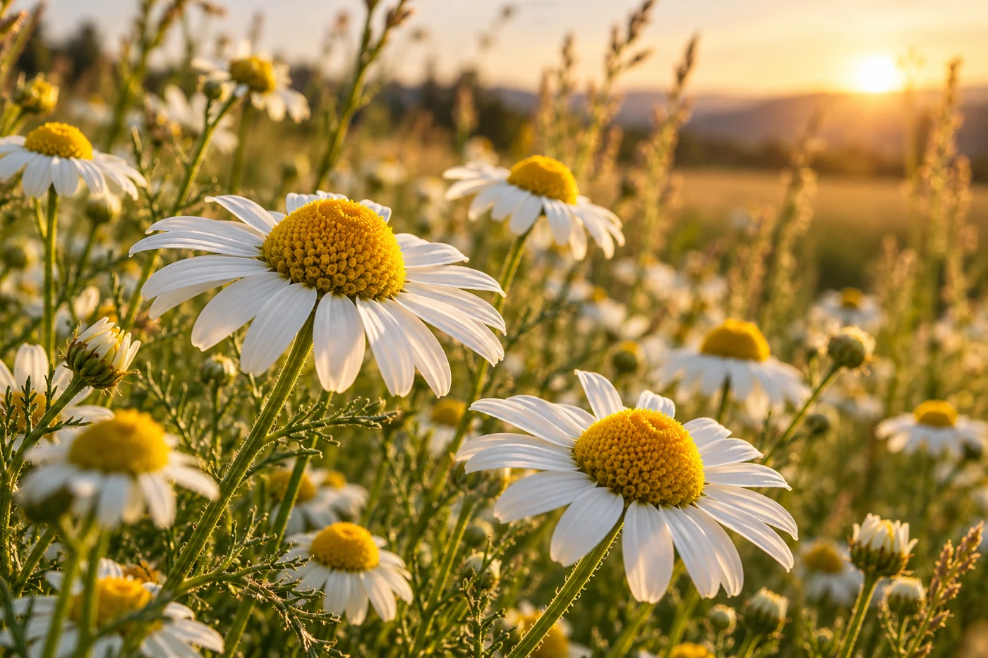 German chamomile flowers with white petals and yellow centres in evening meadow light; illustrative botanical photograph.