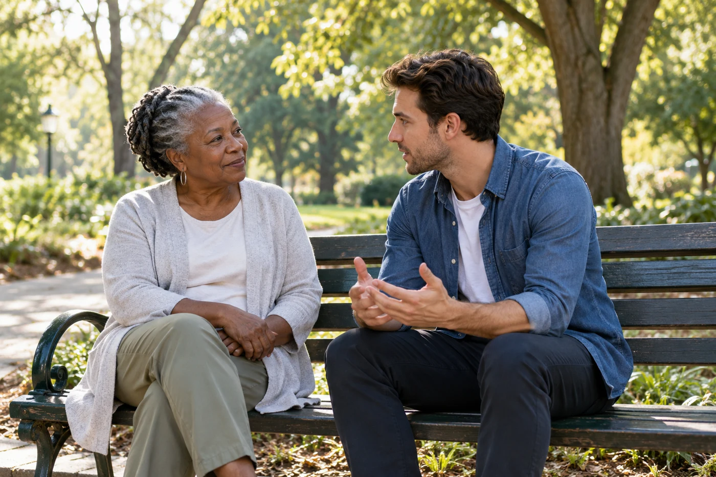 Two adults having an attentive conversation on a park bench.