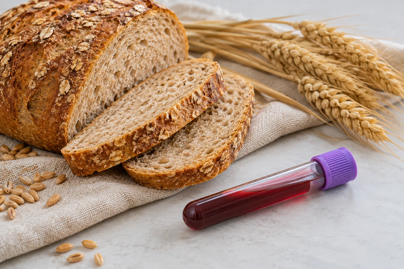 Rustic wheat bread and wheat stalks on linen beside sealed unlabelled blood sample tube in a clean clinical still life, coherent educational food-testing concept. Illustrative editorial photograph.