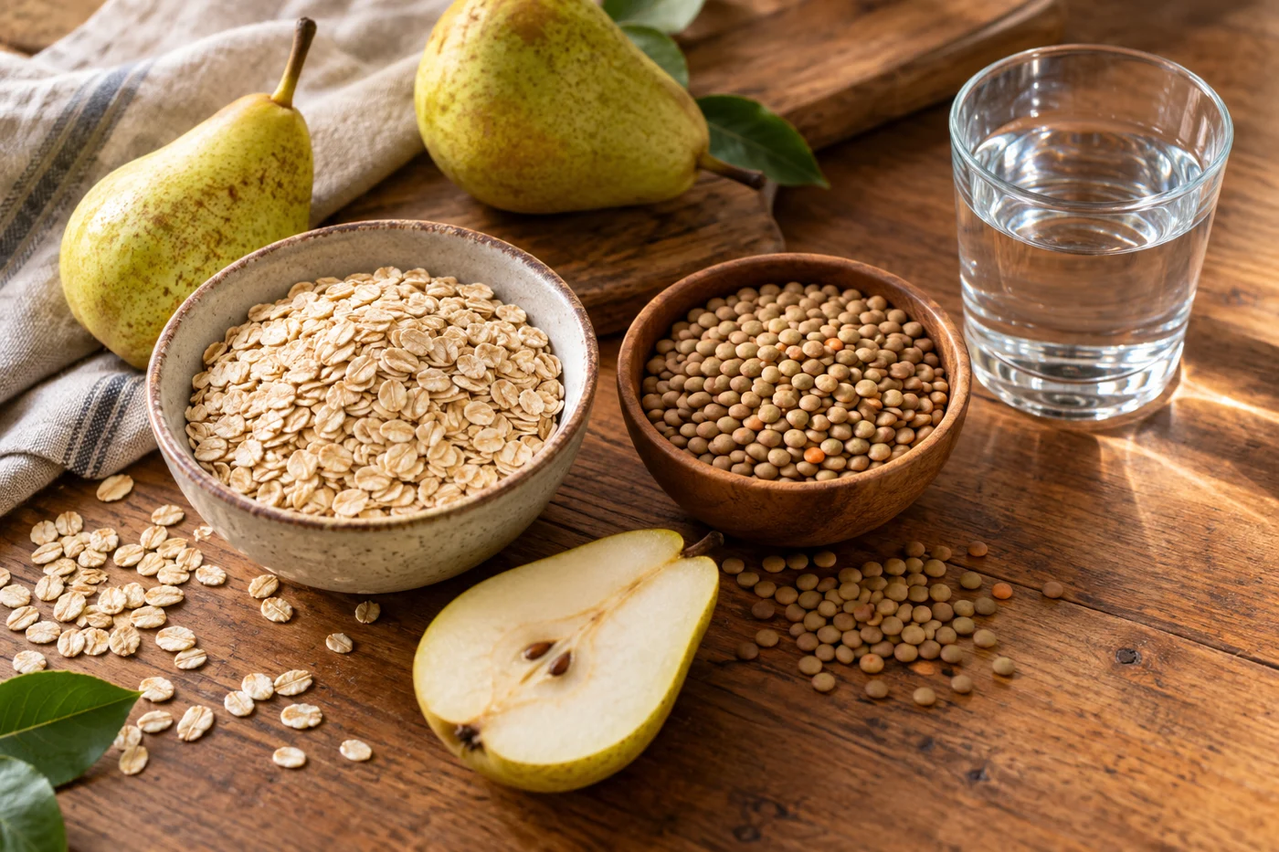 Overhead culinary photograph of oats, lentils, pears and a clear glass of water arranged on a warm wooden table. Illustrative editorial image.