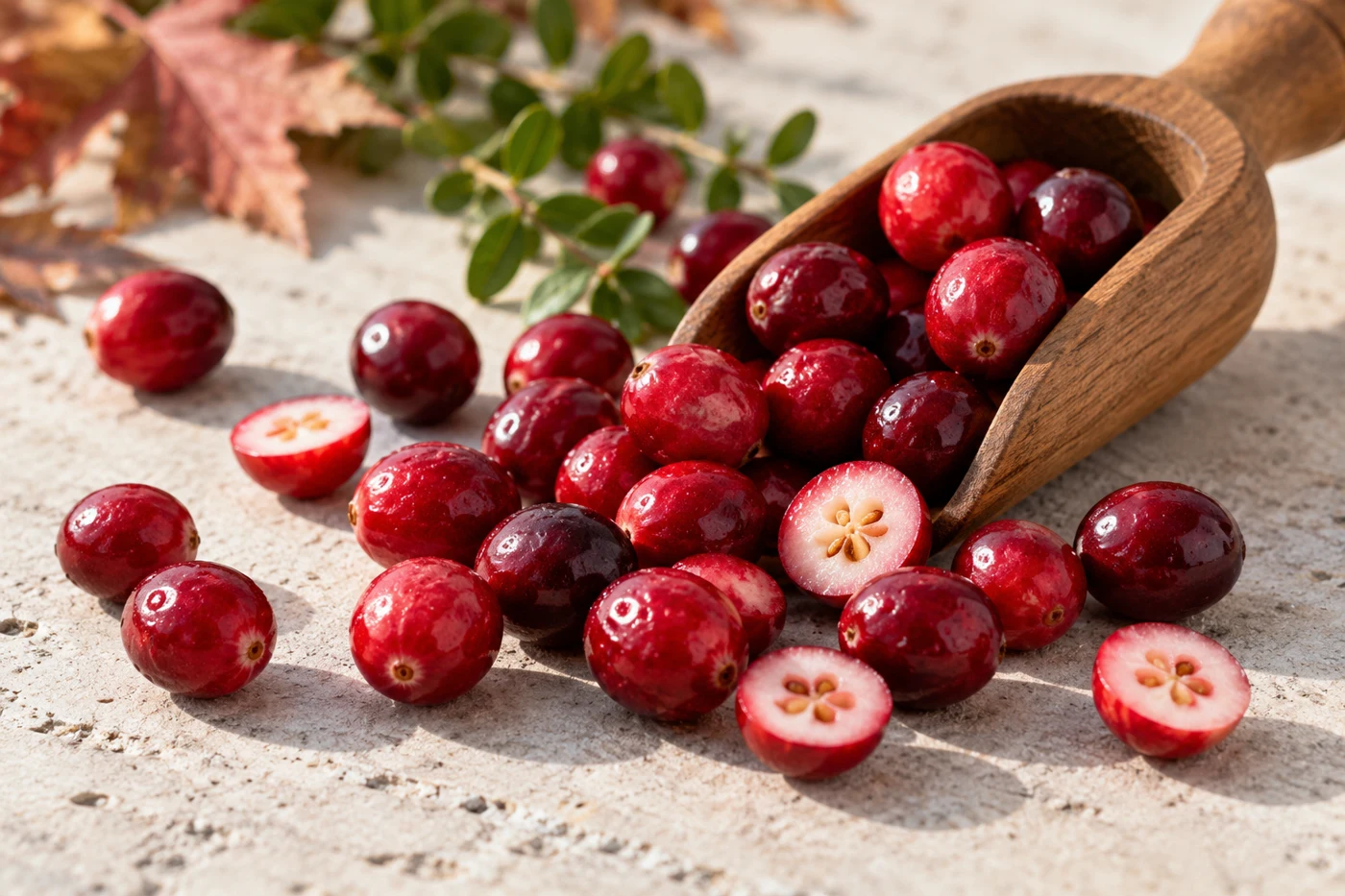 Fresh red cranberries scattered from small wooden scoop onto pale stone surface, some halved berries, crisp autumn light. Illustrative editorial photograph.