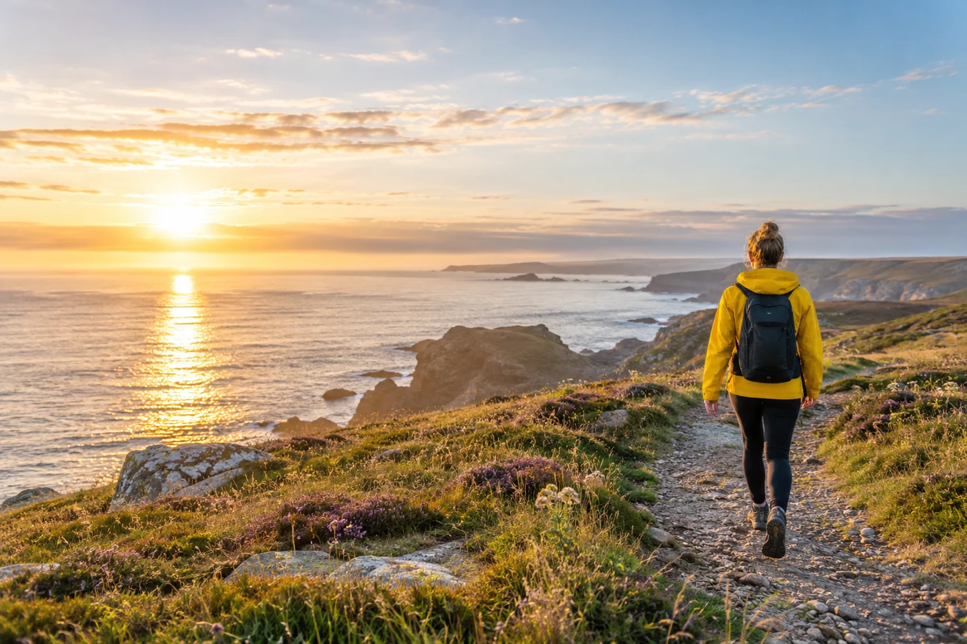 Wide landscape photograph of a person in yellow jacket walking along coastal path in early morning daylight, low sun and open sky. Illustrative editorial photograph.
