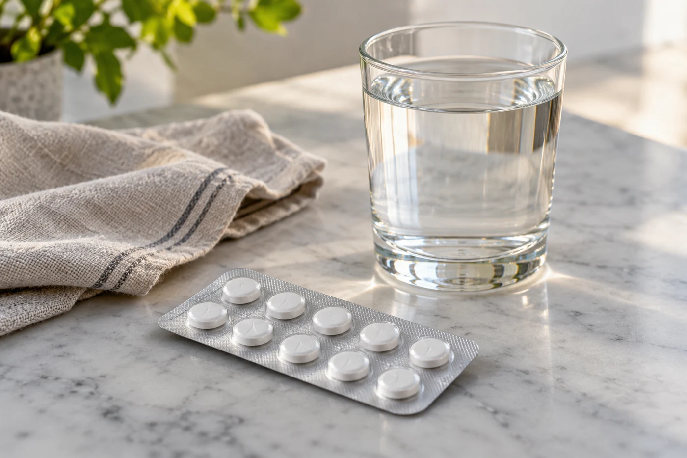 Still-life of an unlabelled medicine blister pack beside a full clear glass of water and a folded linen napkin on a clean table. Illustrative editorial image.
