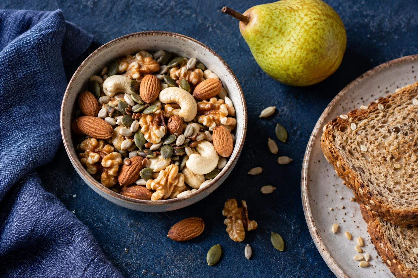 Overhead bowl of mixed nuts and seeds beside whole-grain toast and a pear, deep navy tabletop. Illustrative editorial photograph.