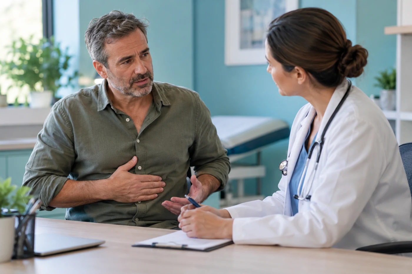 Middle-aged man discussing upper abdominal discomfort with female clinician at consultation desk, comfortable blue green clinic. Illustrative editorial photograph.
