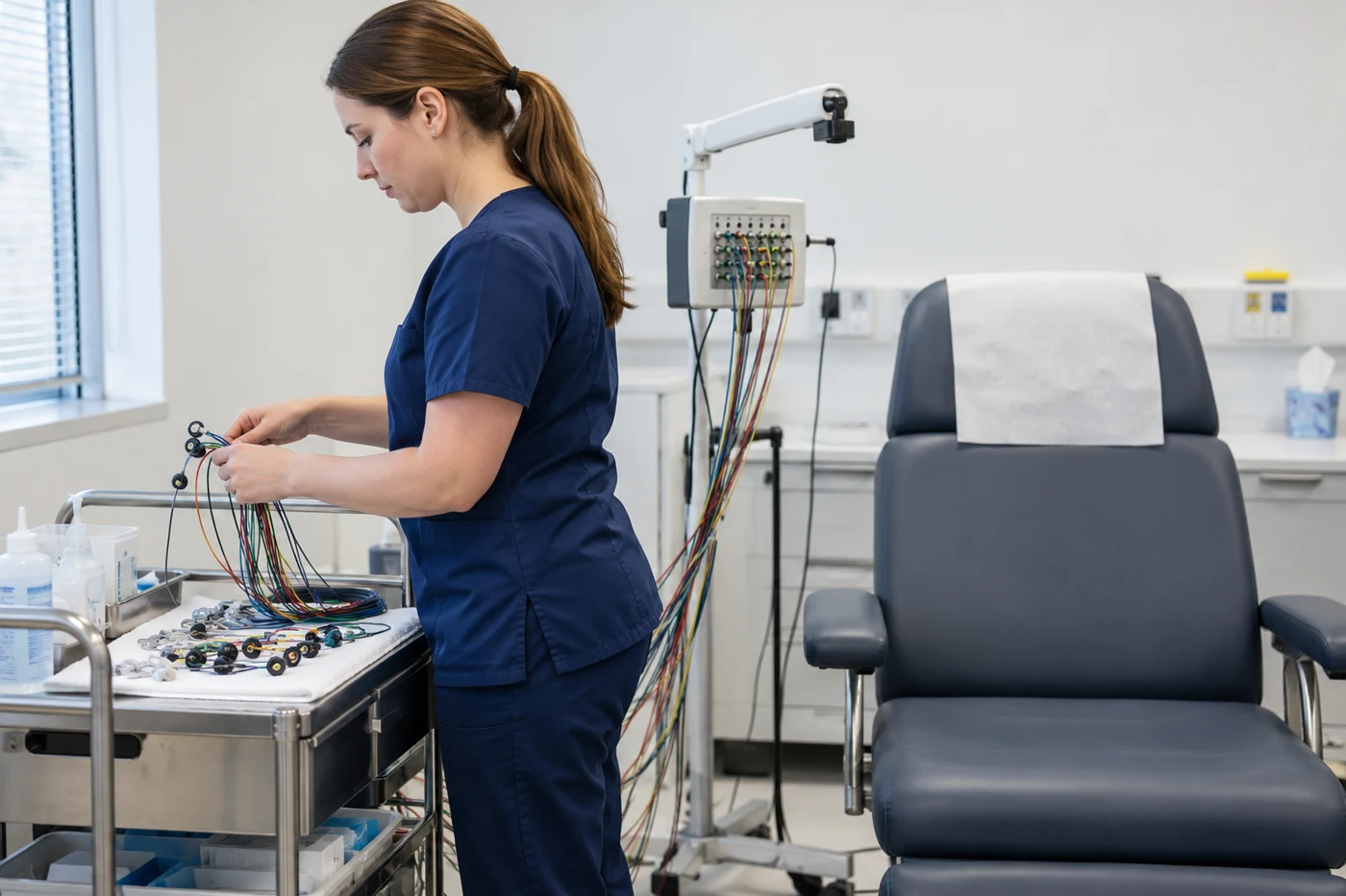A clinical technologist arranging EEG electrode leads.
