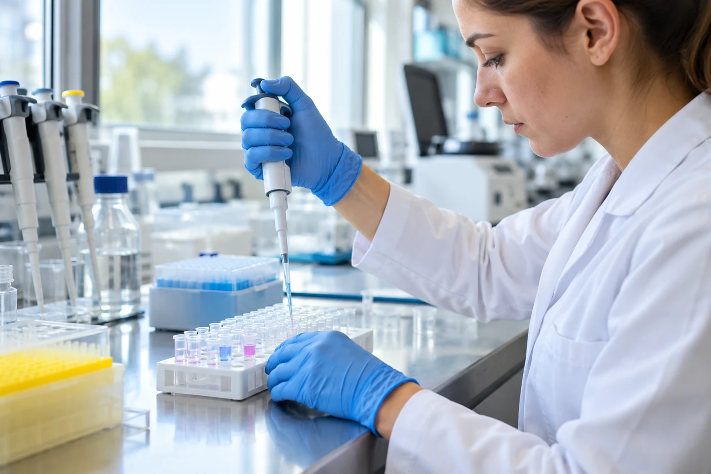 A laboratory technician handling diagnostic samples with a pipette.