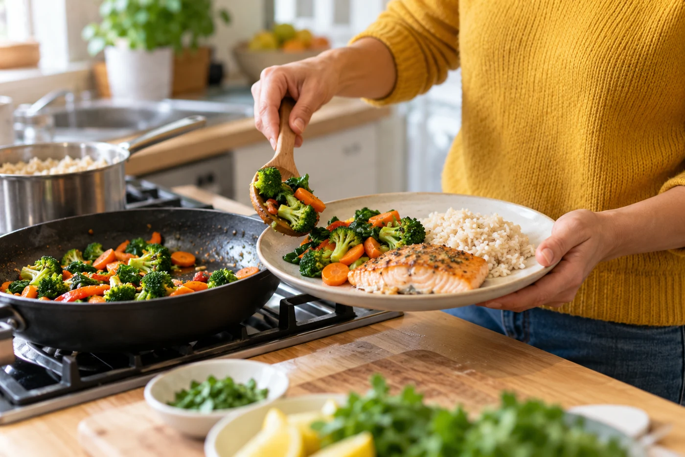 An adult serving a balanced meal in a home kitchen.