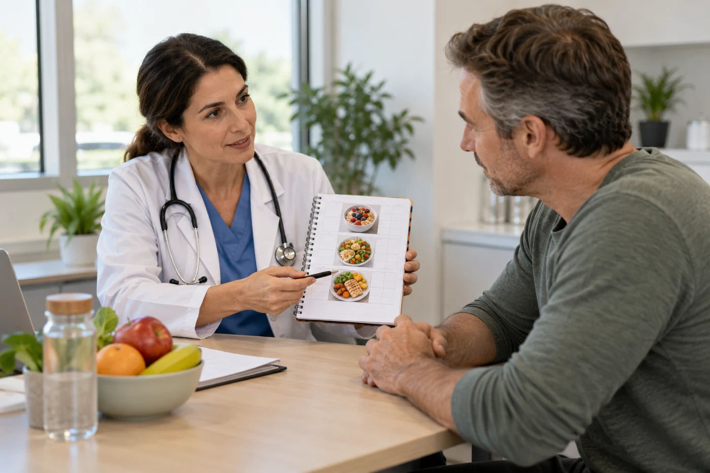 clinician discussing eating schedule with an adult patient. Illustrative editorial photograph.