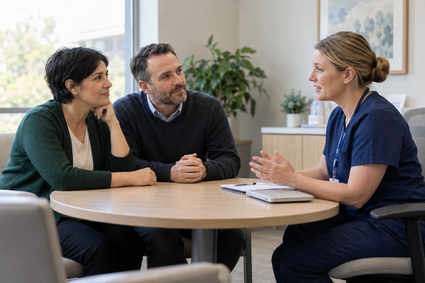 An adult and a support person discussing follow-up care with a nurse.