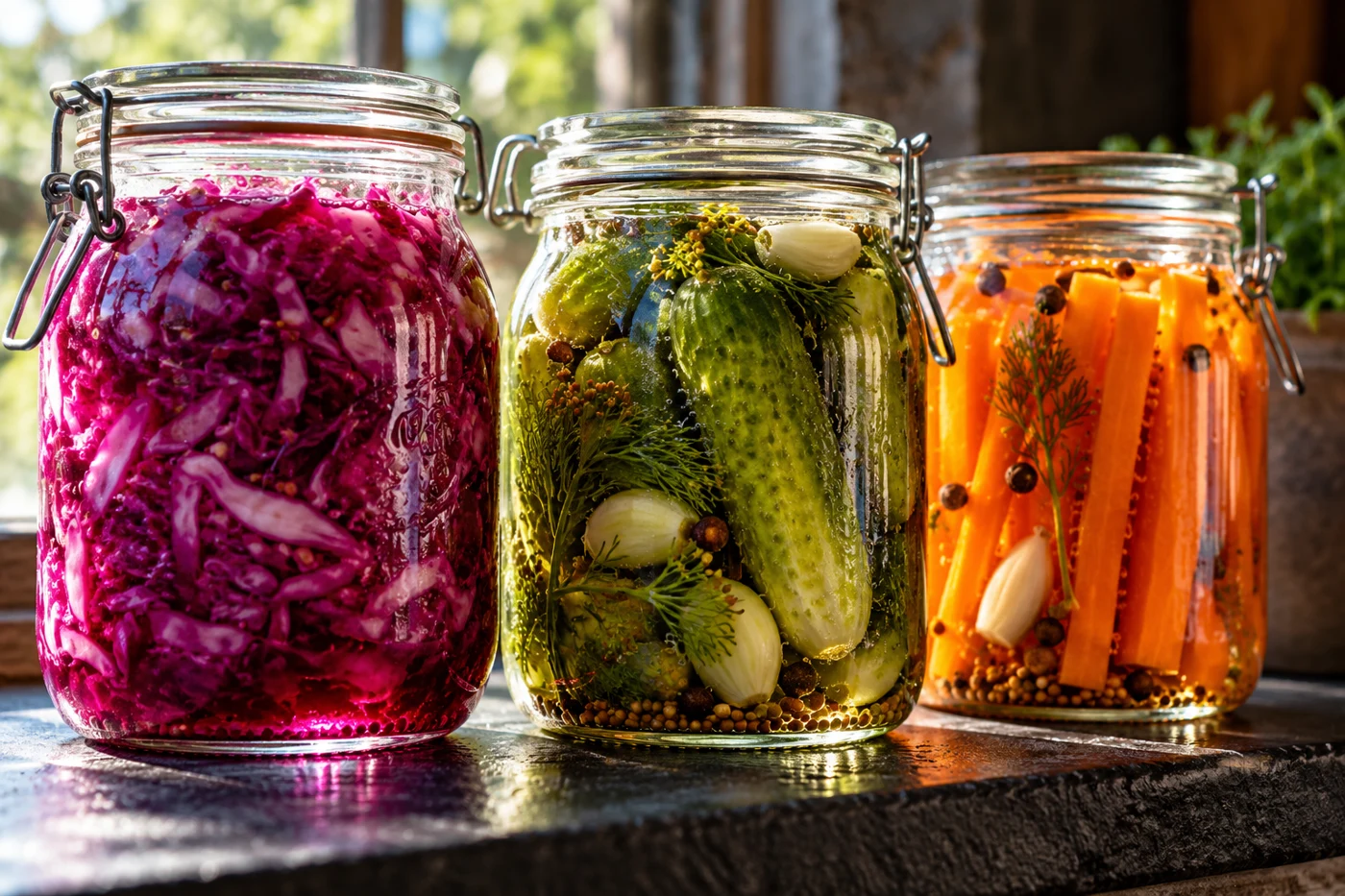 Glass fermentation jars with purple cabbage, pickled cucumbers and carrot sticks. Illustrative fermented-food photograph.