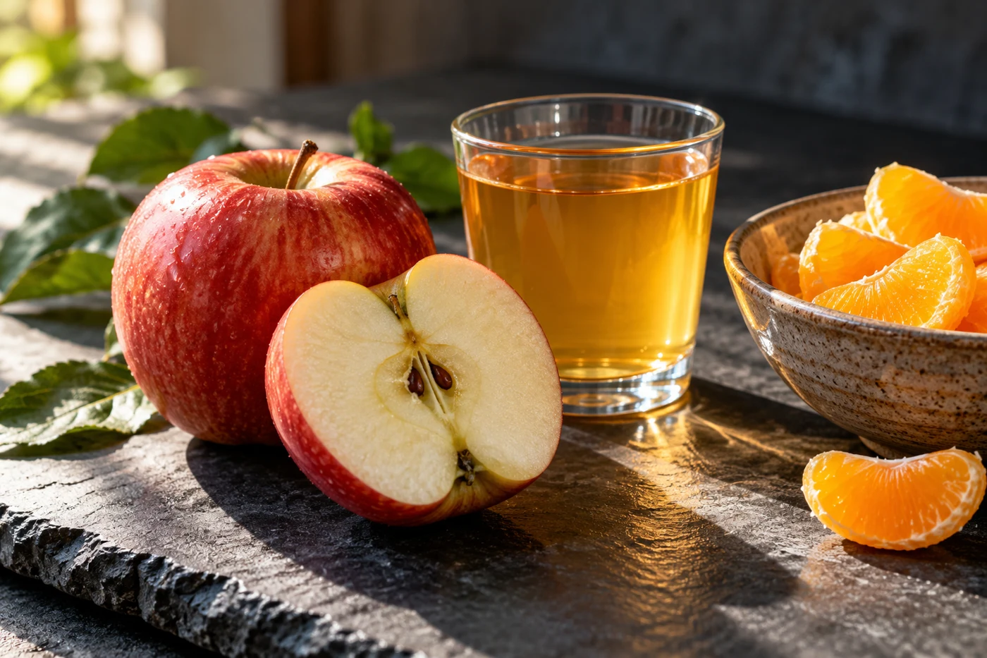 Whole and cut fruit beside a small glass of juice.