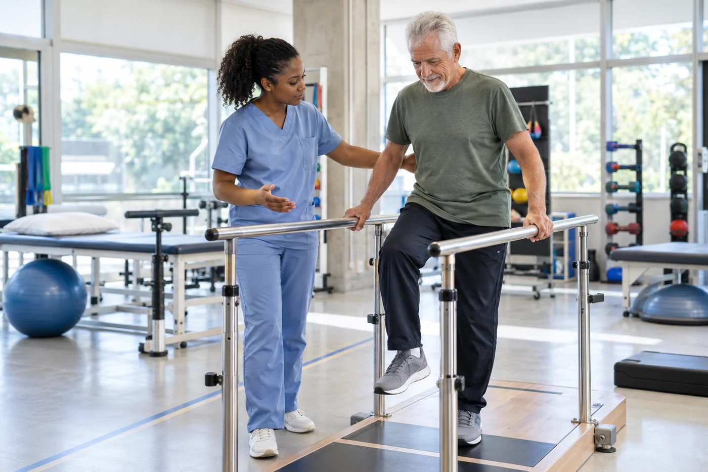 Physiotherapist supporting a standing movement exercise in a rehabilitation gym.