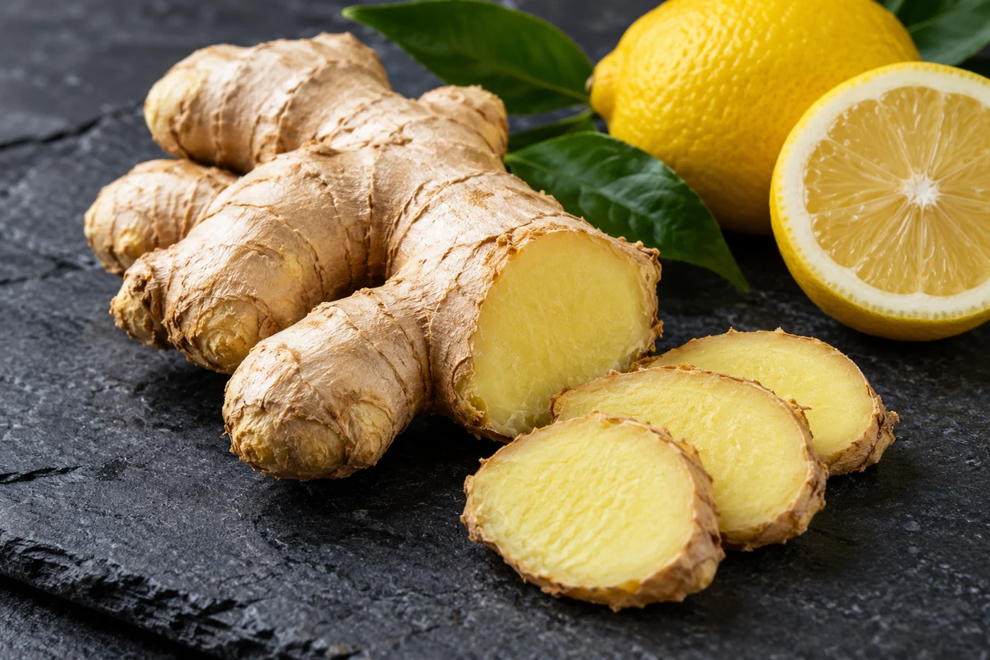 Fresh ginger root with a few cut slices and lemon, natural food photograph on dark slate, crisp fibrous texture. Illustrative editorial image.