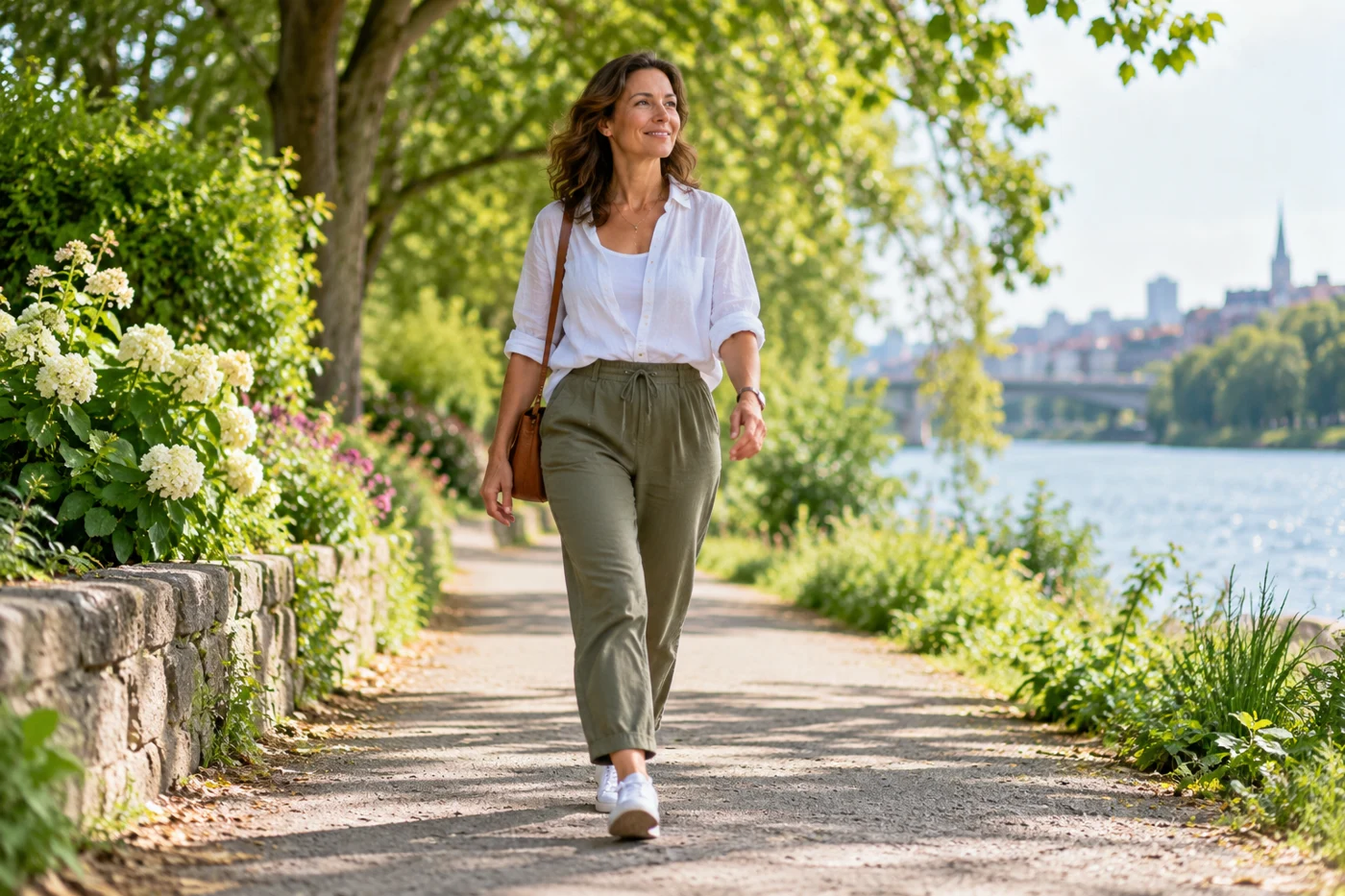 woman walking after lunch along leafy path. Illustrative editorial photograph.