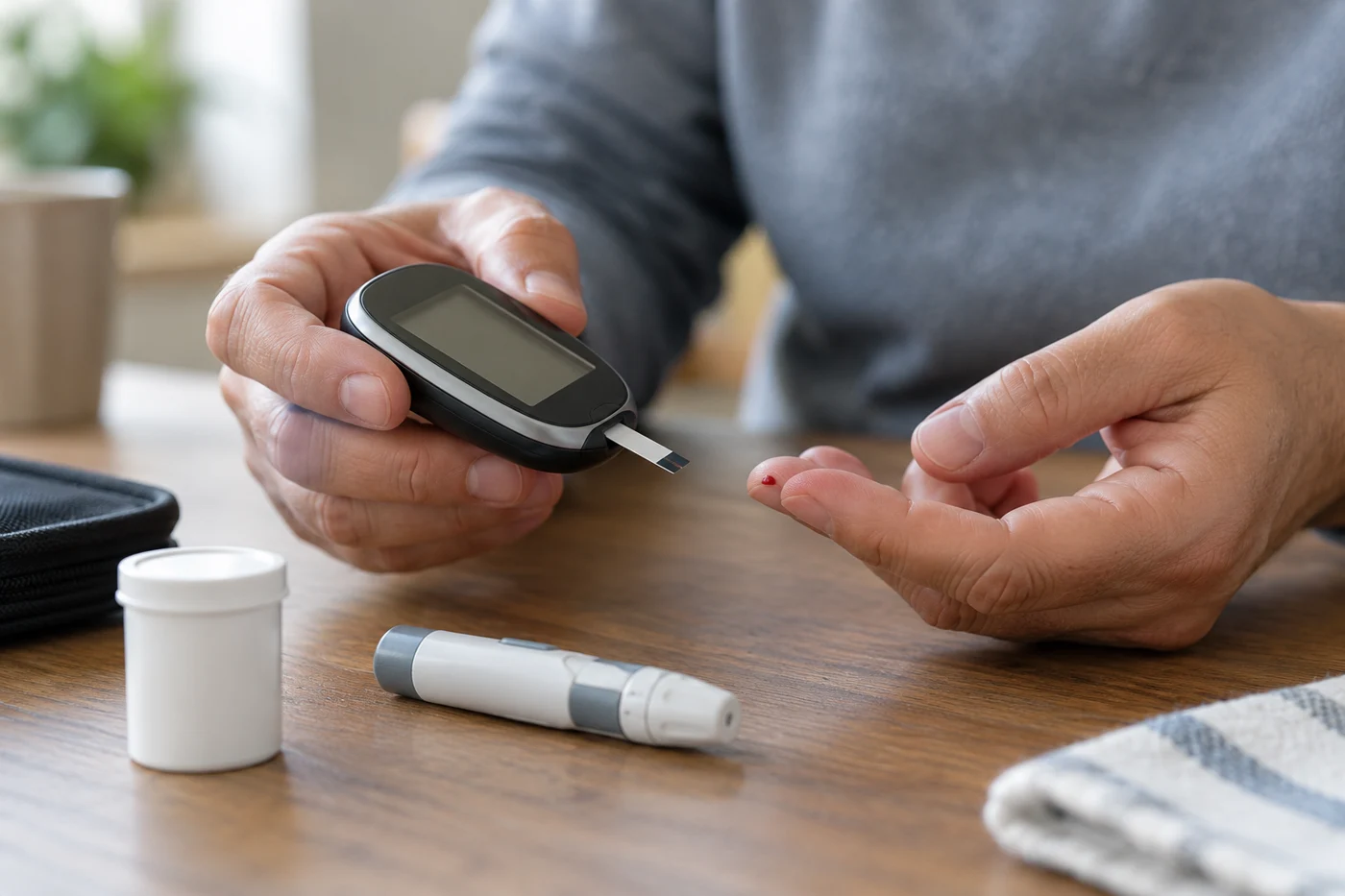 Close-up of adult hands holding a glucose meter next to a finger-prick lancet on a table, screen turned away, natural clinical photograph. Illustrative editorial image.
