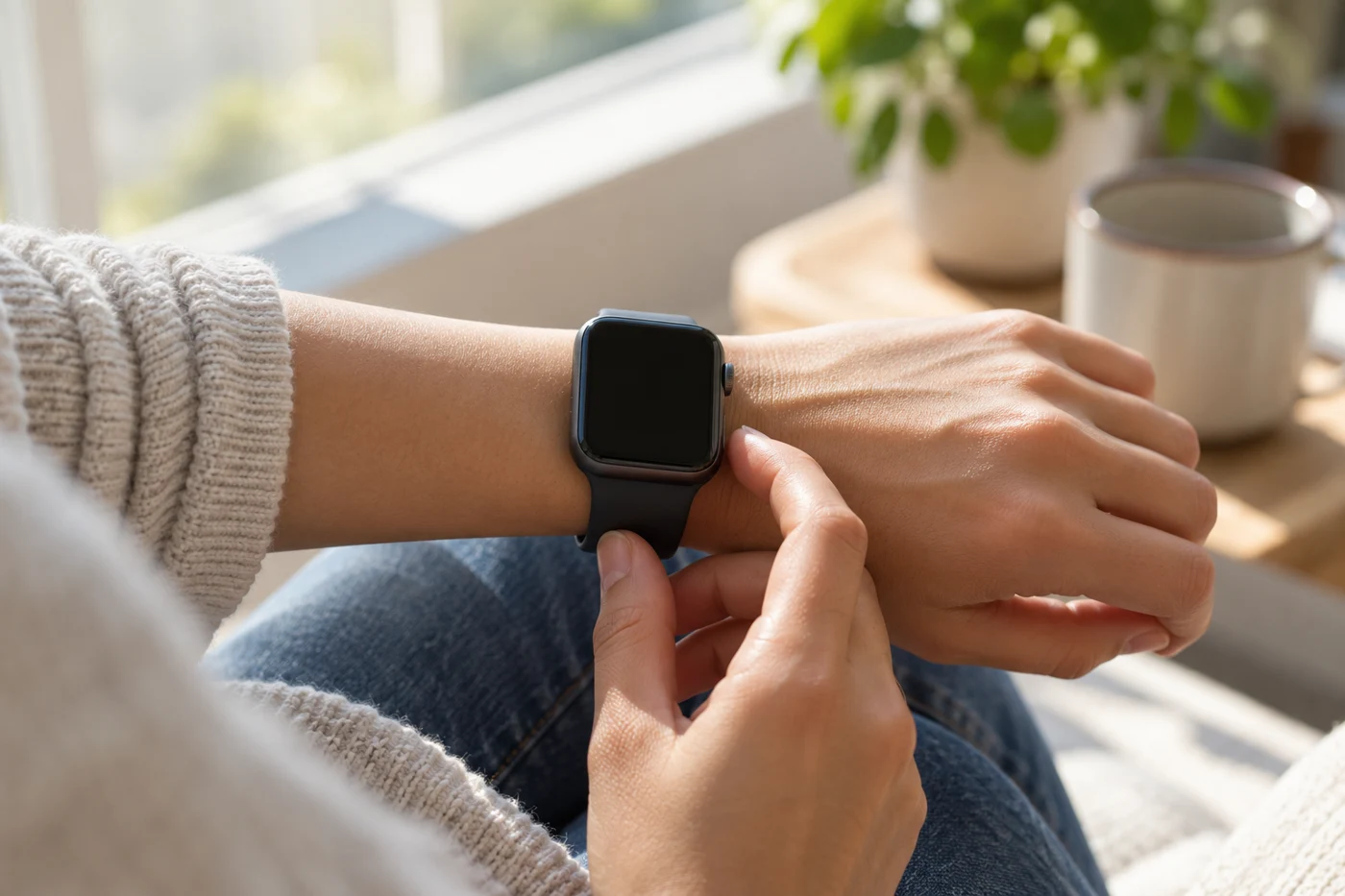 close-up wrist wearable held at rest, screen blank, window light. Illustrative editorial photograph.