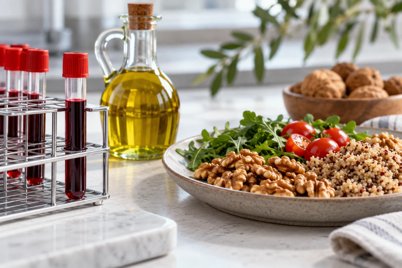 Clinical still life with unlabelled blood sample tube in rack, olive oil bottle, walnuts and whole grain plate on clean counter. Illustrative editorial photograph.