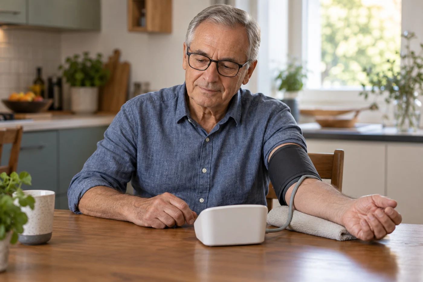 An older man calmly measuring blood pressure seated correctly at a kitchen table with upper-arm cuff and arm supported, monitor turned away. Illustrative editorial image.