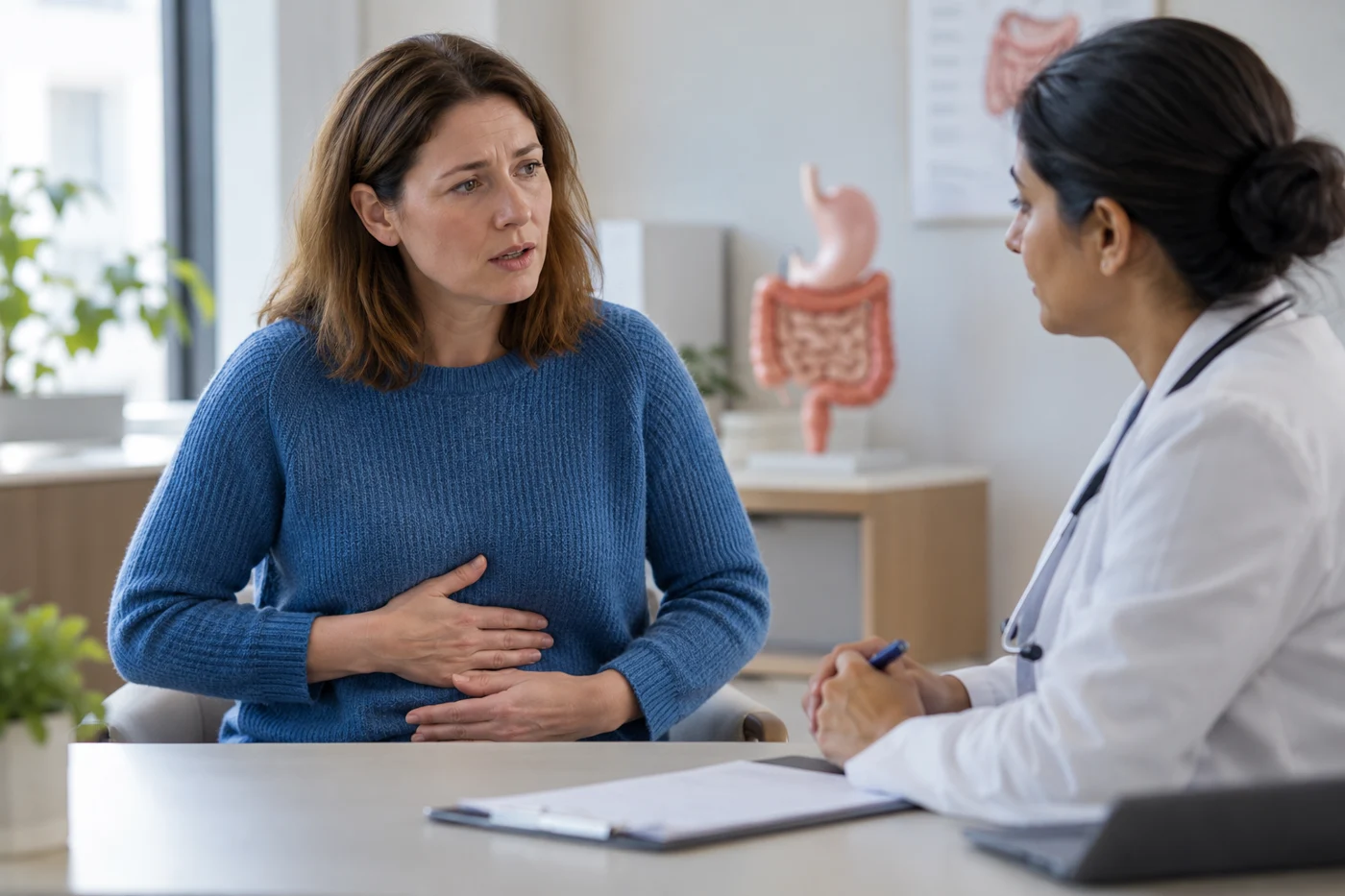 A female patient in blue sweater discussing digestive symptoms with a clinician at a desk in a calm clinic, no visible text. Illustrative editorial image.