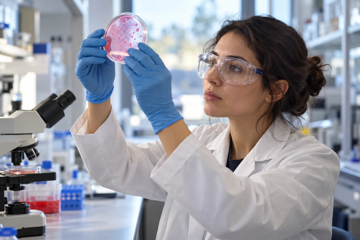 laboratory researcher examining cell culture dish, no text. Illustrative editorial photograph.