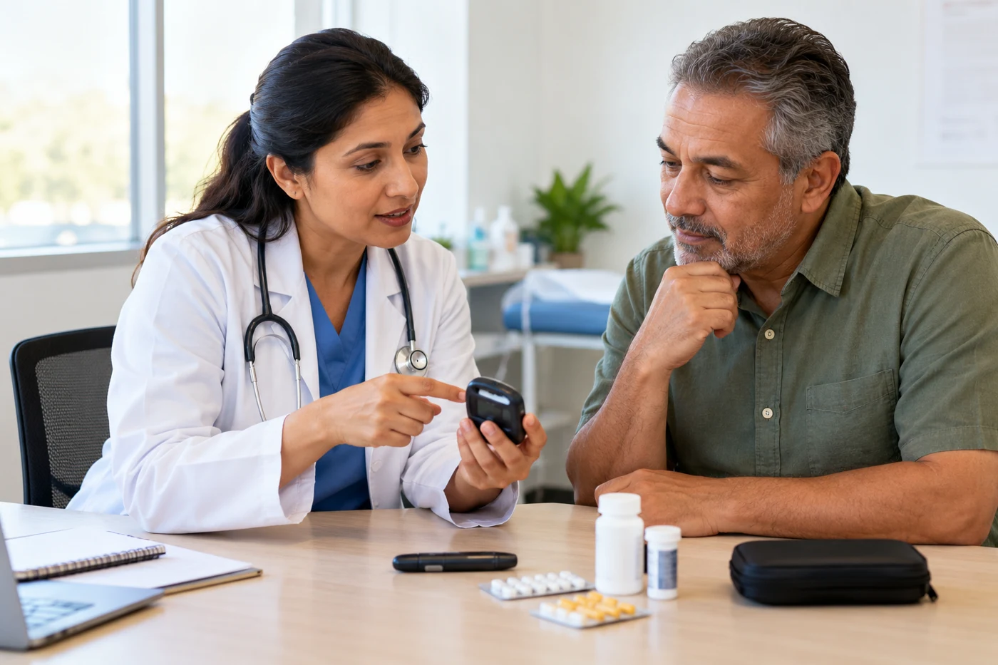 A clinician and adult reviewing glucose-monitoring equipment at a clinic desk.