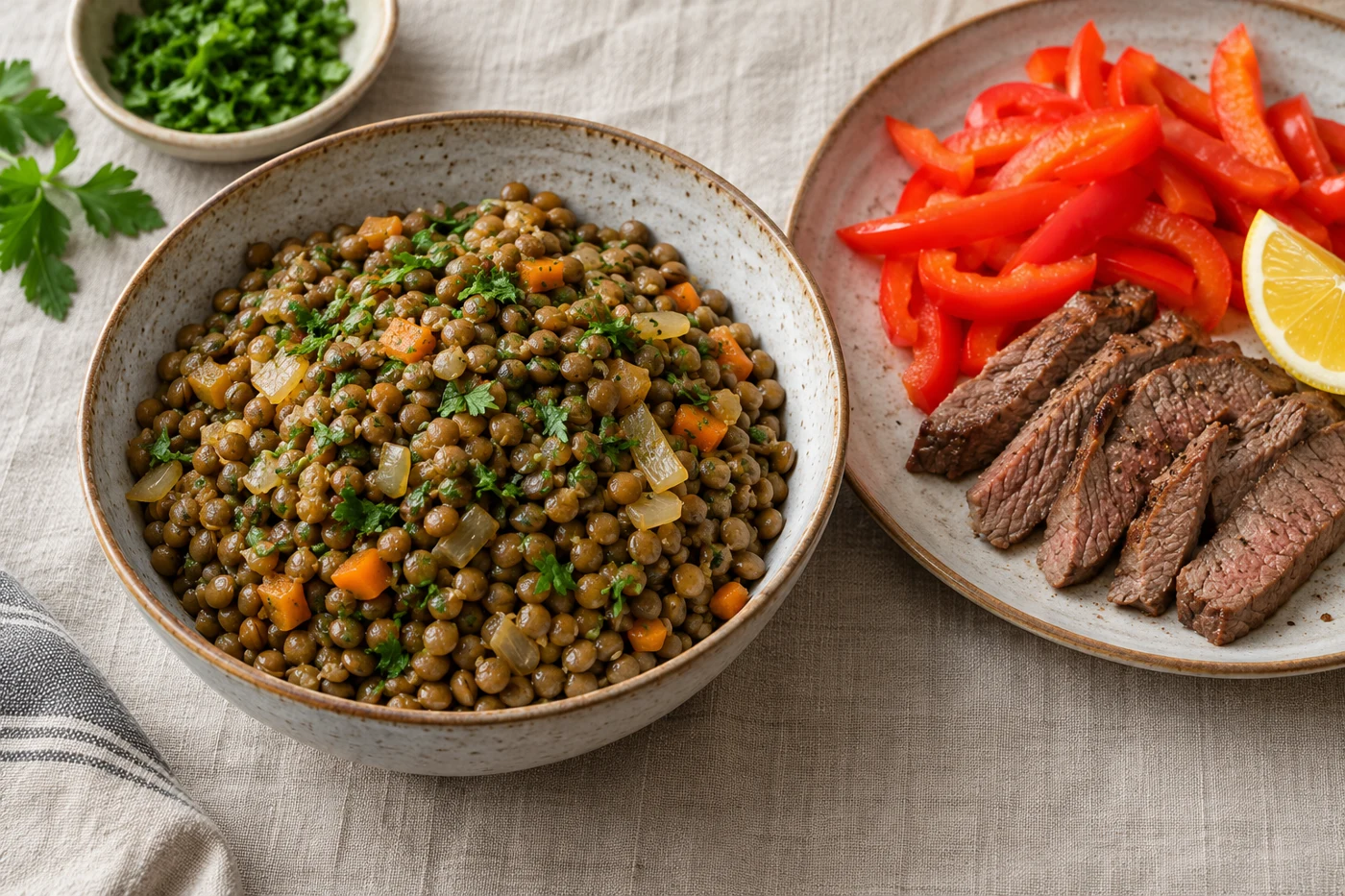 Lentils, red pepper, lean beef and lemon arranged as iron-containing foods.