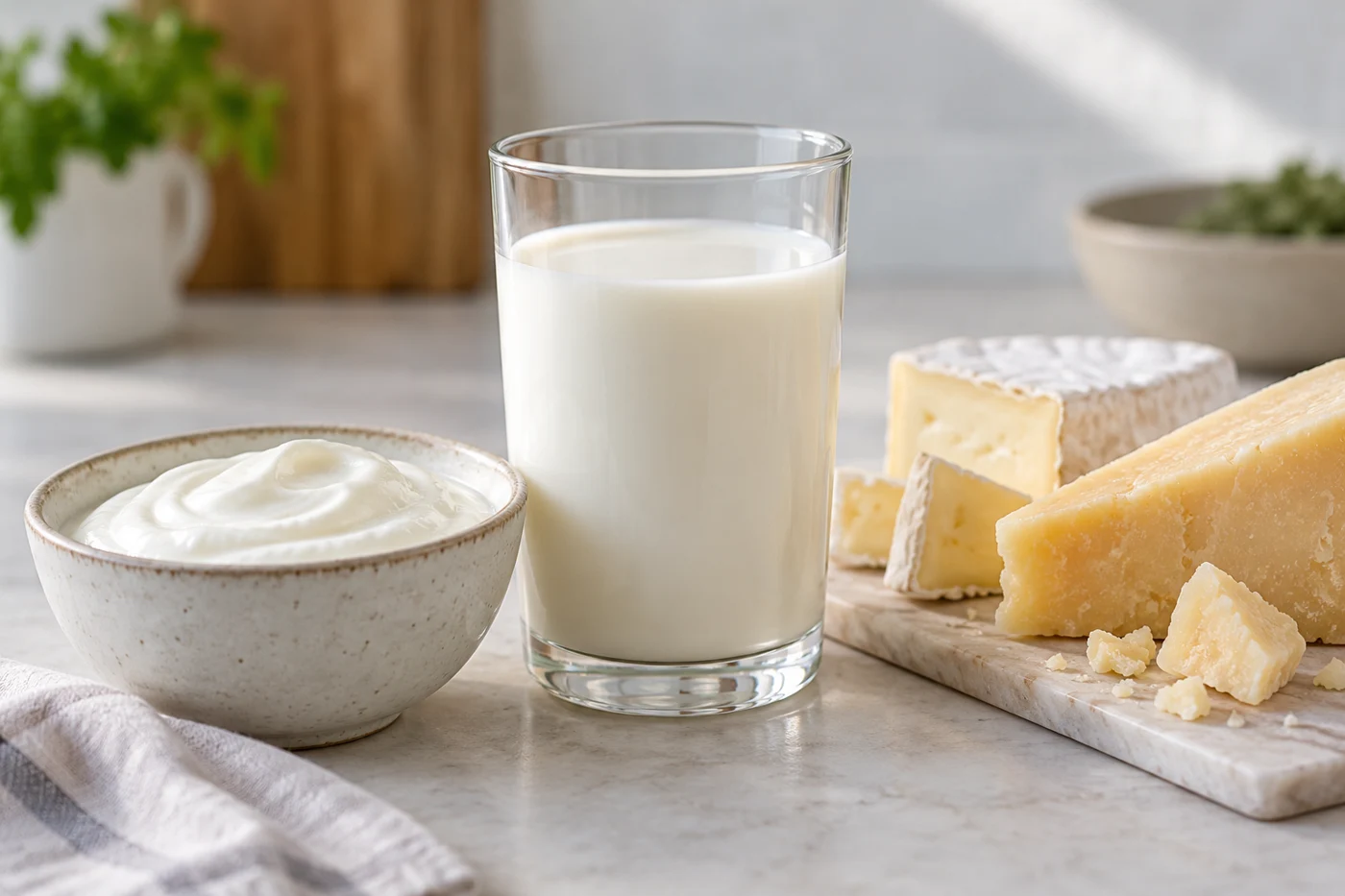 Still-life food photograph of milk in a clear glass with a small bowl of yogurt and cheese on a pale kitchen counter, no labels. Illustrative editorial image.