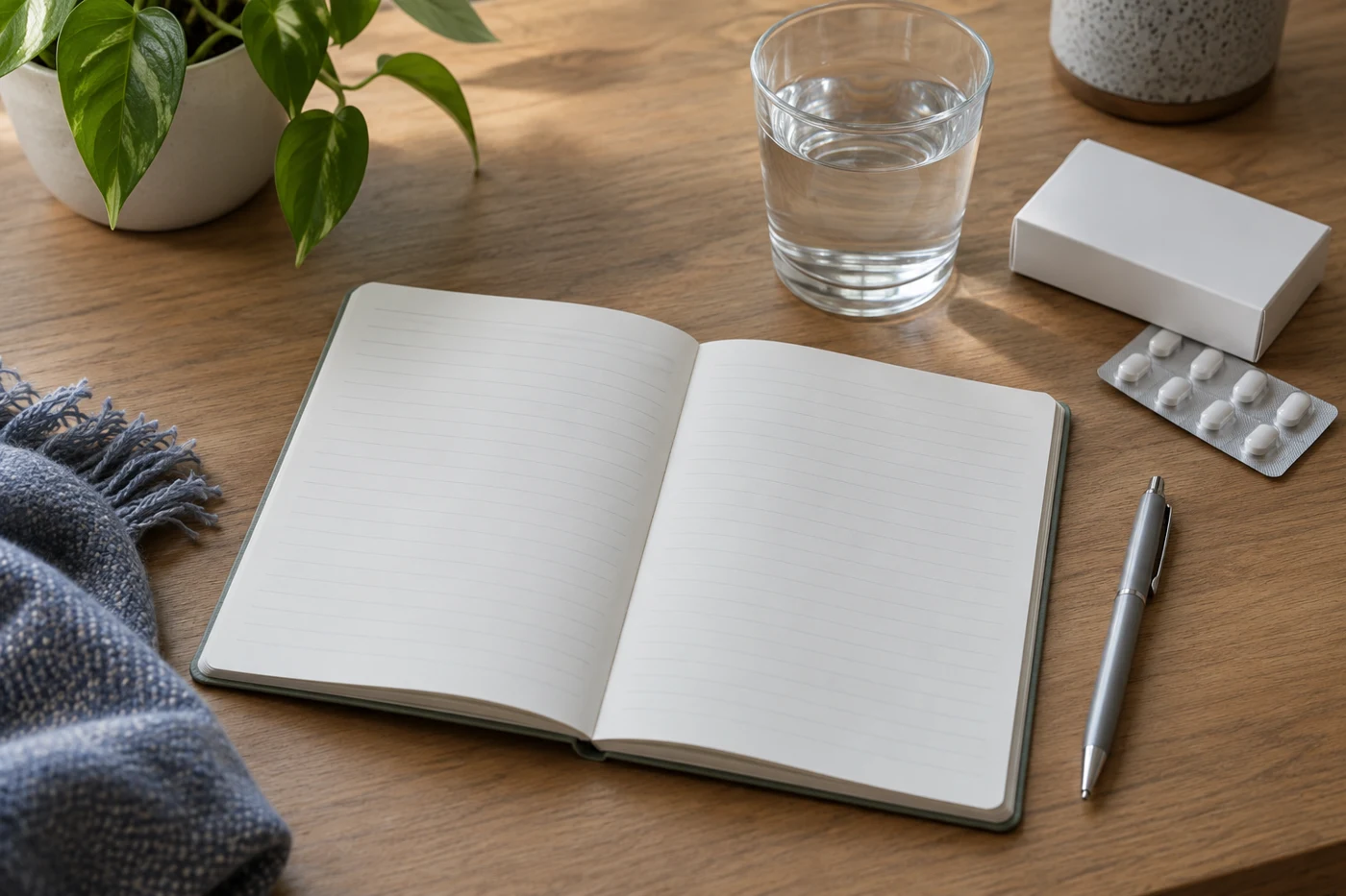 Overhead still life of paper headache diary with blank pages, water glass and closed unbranded medicine box, neutral desk. Illustrative editorial photograph.