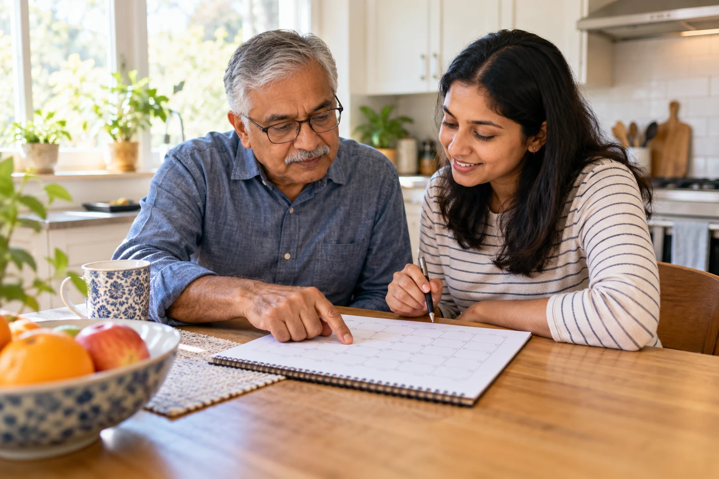 An older adult and a family member reviewing a calendar at home.