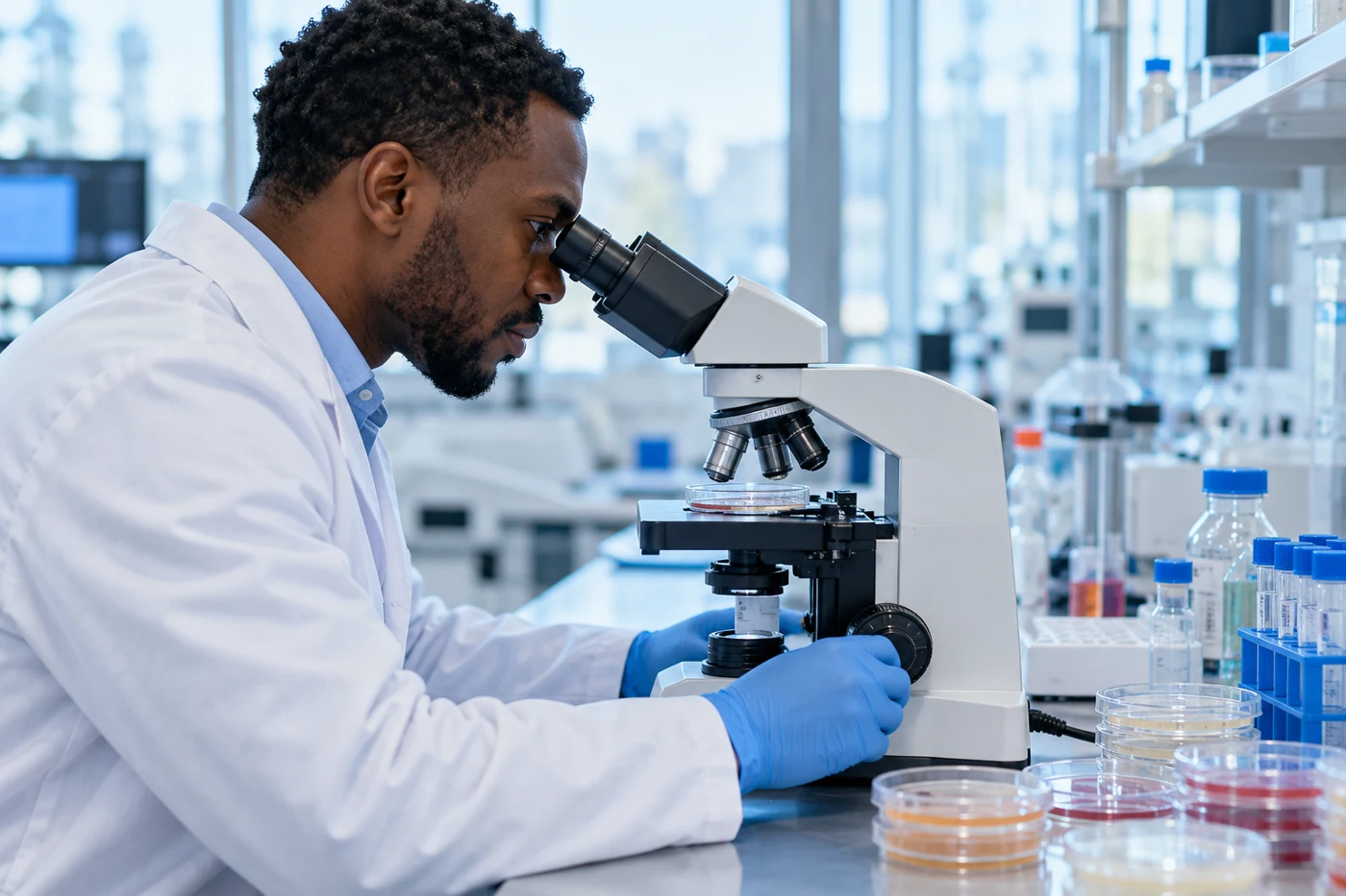 A researcher examining microbial cultures in a laboratory.