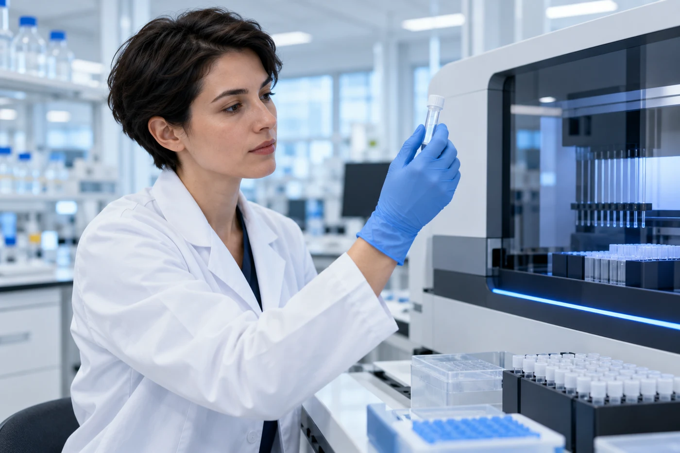 Laboratory scientist examining a sealed sample tube beside laboratory equipment; illustrative photograph.