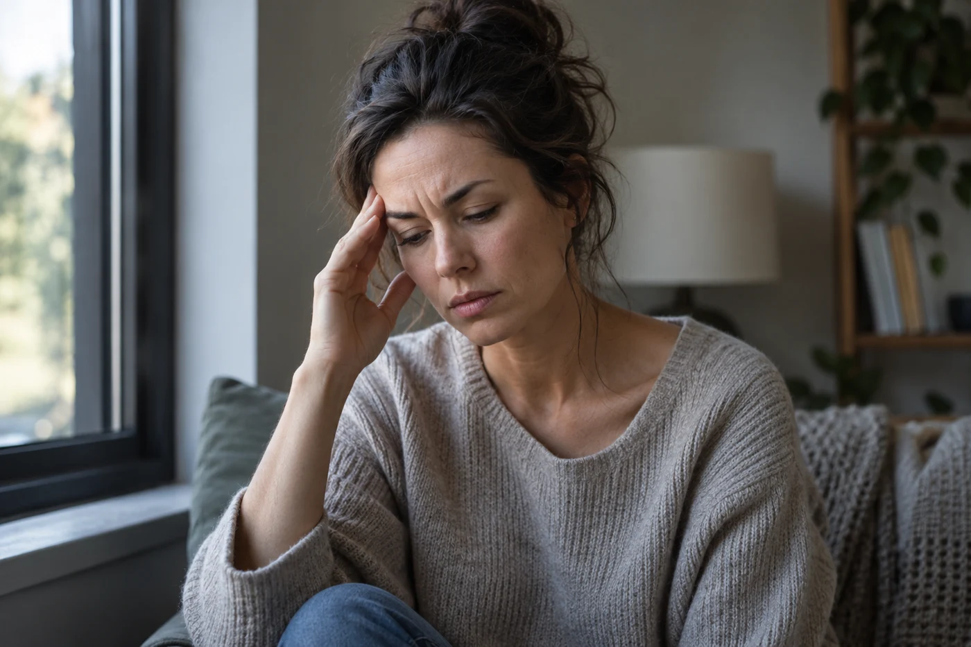 A woman in her thirties seated beside a shaded window gently resting fingers on her temple, thoughtful subdued light, authentic migraine editorial photograph. Illustrative editorial image.