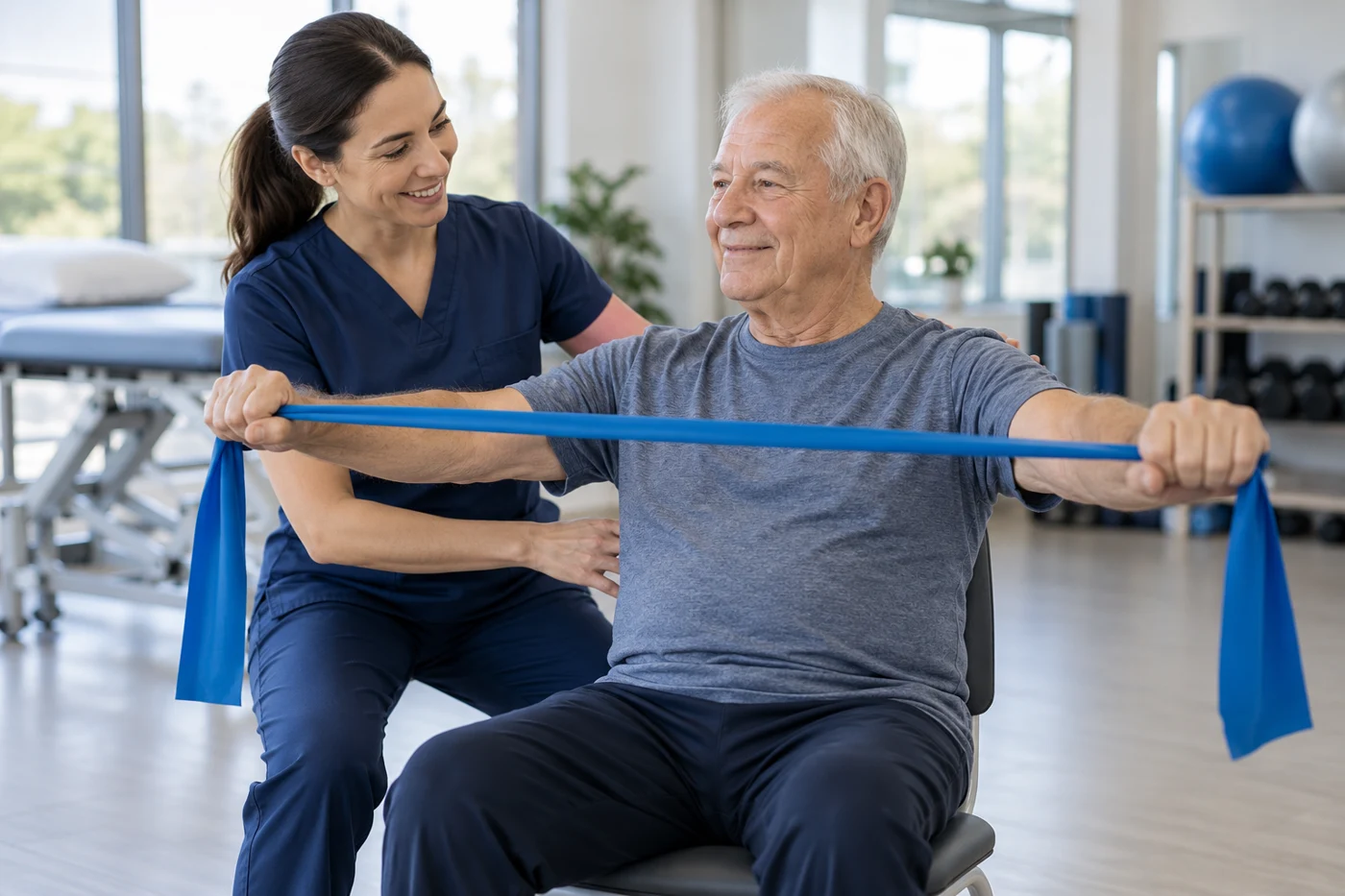 older person doing light supervised resistance exercise in clinic. Illustrative editorial photograph.