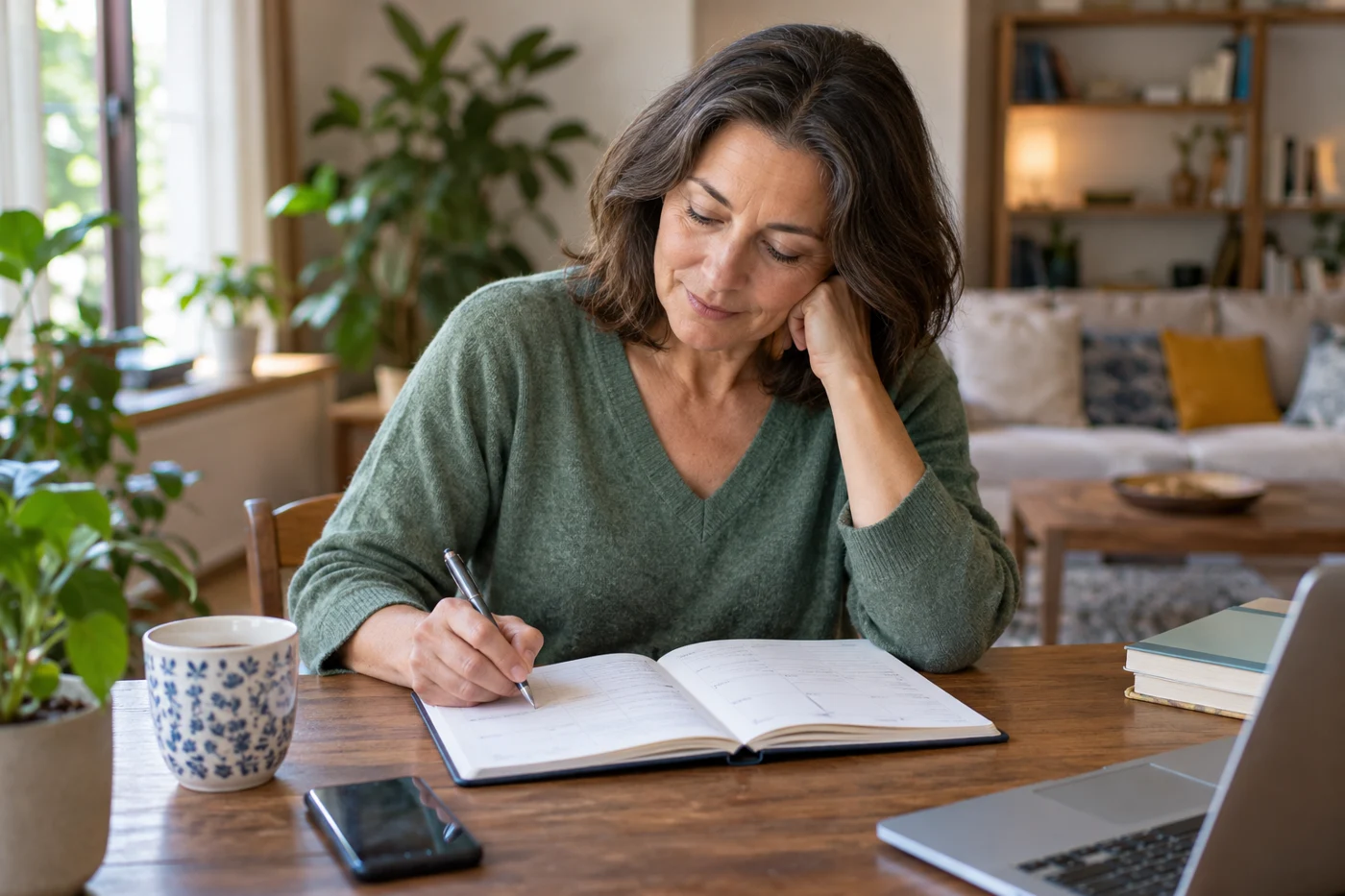 middle-aged person reviewing a weekly diary at home. Illustrative editorial photograph.