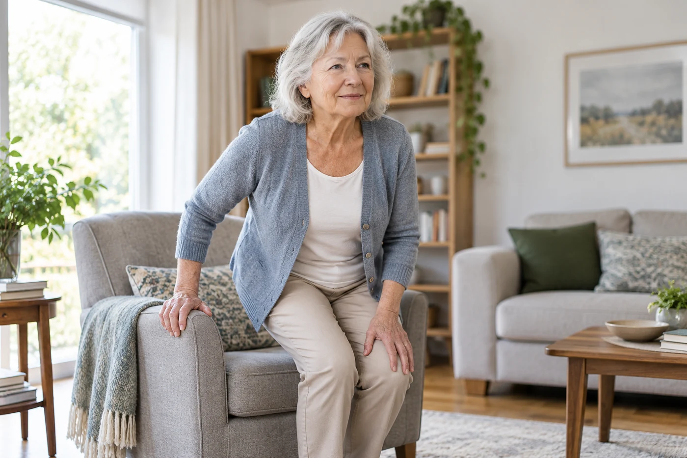 An older woman pausing safely with one hand on a chair as she stands up in a bright living room, authentic candid health photo. Illustrative editorial image.