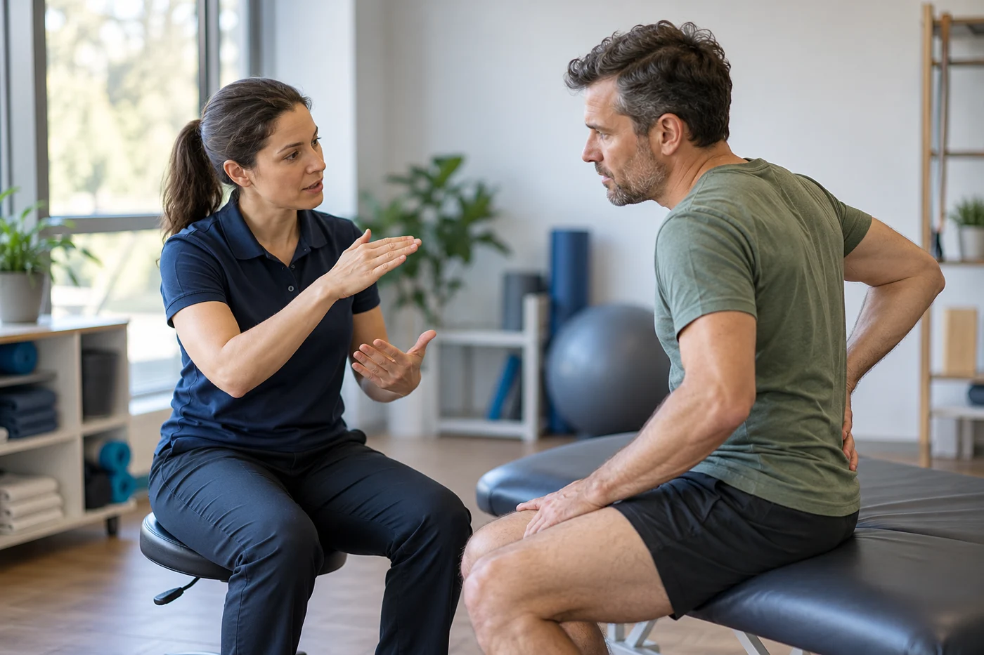 physiotherapist explaining pain to an adult patient without touching. Illustrative editorial photograph.