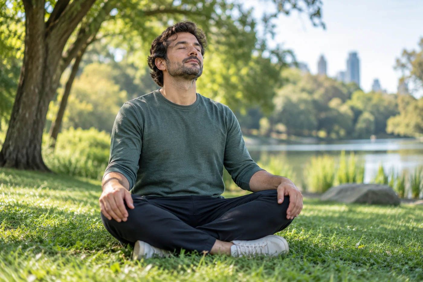 adult man practising calm slow breathing sitting in a park. Illustrative editorial photograph.