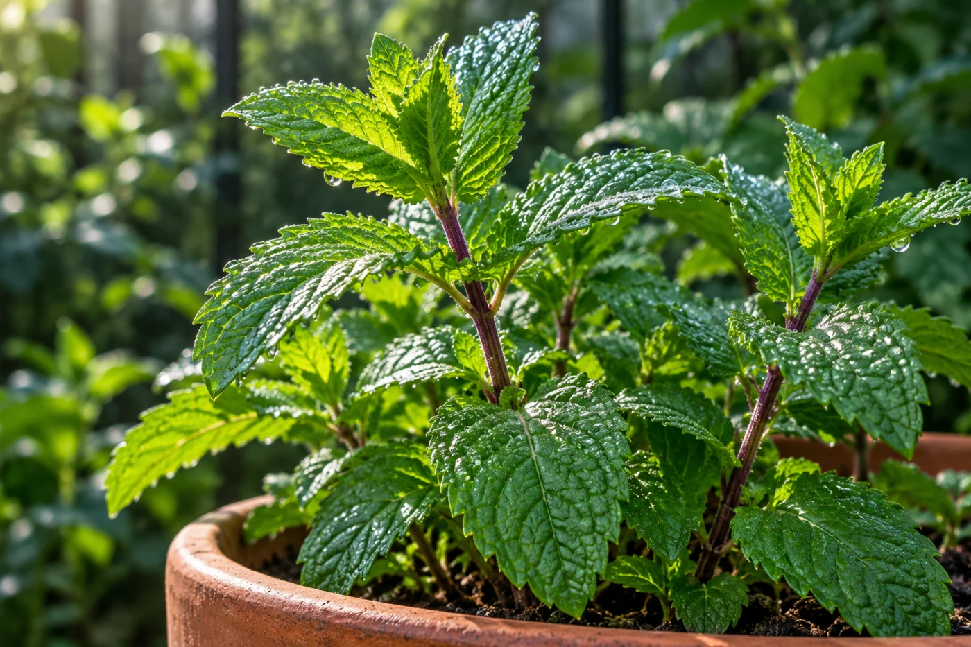 Serrated peppermint leaves growing on purple stems in a terracotta pot; illustrative botanical photograph.