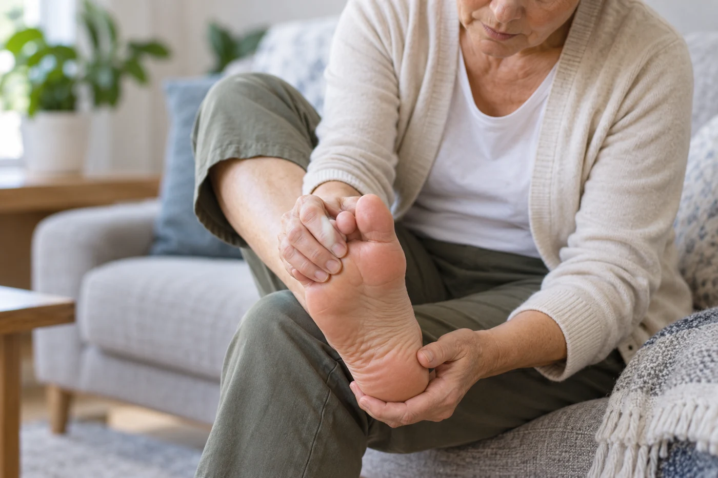 Close-up of an older adult carefully inspecting the sole of one foot while seated, clean home setting, respectful foot-health editorial photograph. Illustrative editorial image.