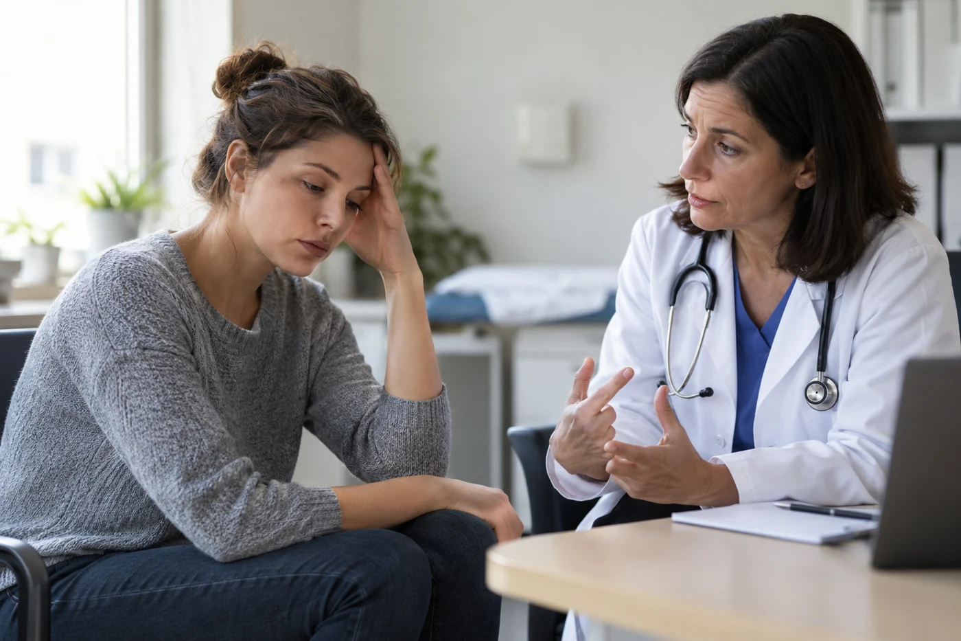 patient discussing persistent fatigue with doctor in consultation room. Illustrative editorial photograph.